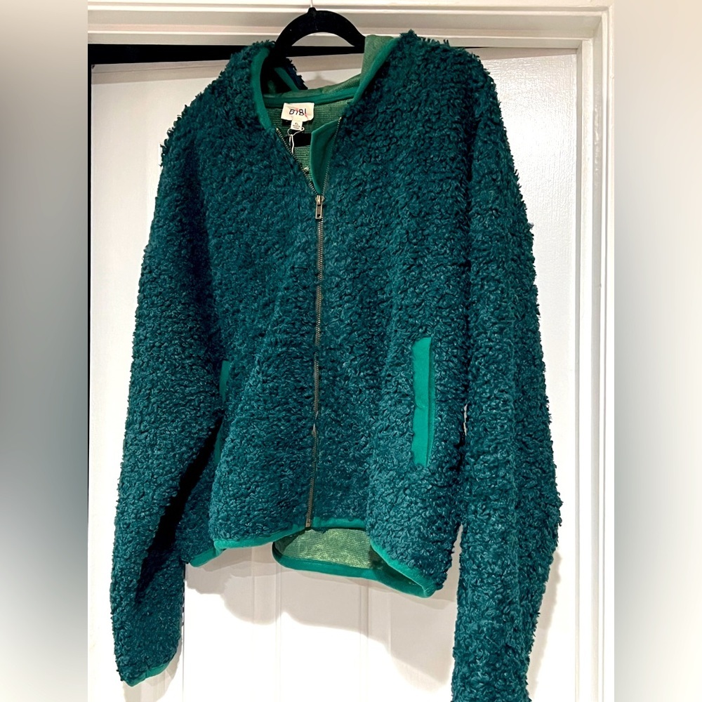 NWOT BIBI TEAL SHERPA ZIP UP JACKET WITH HOOD